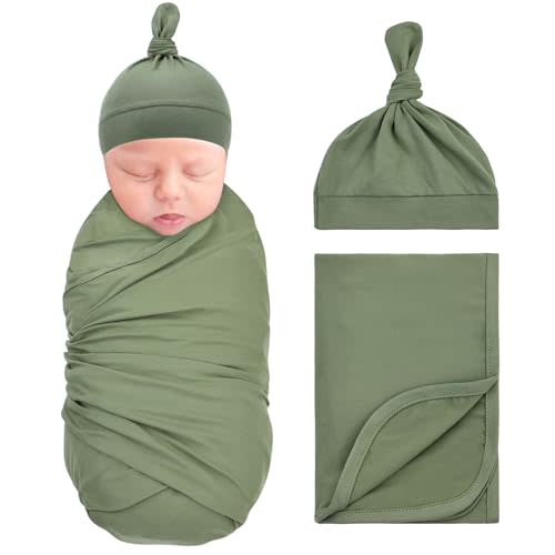 Dizila 2pcs Soft Stretchy Nursery Baby Girl Boy Newborn Receiving Swaddle Blanket with Matching Turban Hat Beanie (Army Green)