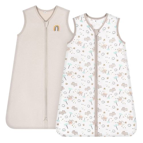 TILLYOU Sleep Sack 12-18 Months - 0.5 TOG Baby Wearable Blanket with 2-Way Zipper, Extra Soft Cotton Sleeveless Sleeping sack 2 Pack, Happy Forest & Nude