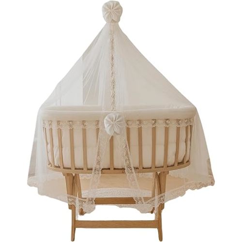 Wooden Child Lounger with Canopy, Natural Beech Rocking Stand with Lockable Function, Includes Cotton Fabric Accessories & Mosquito Net, Nursery Furniture for Infant Use