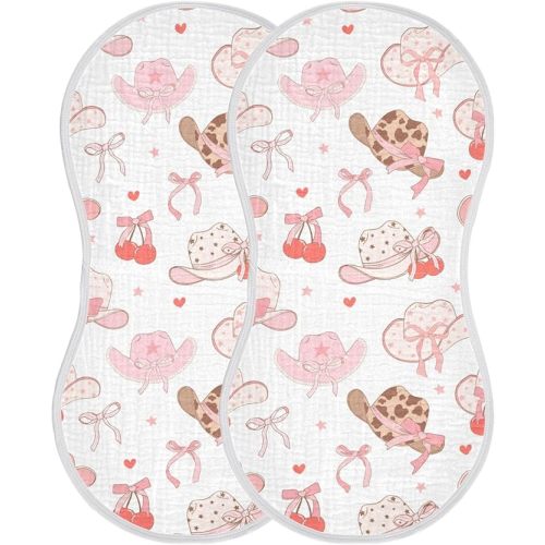 Western Pinks Cowgirl Hat Burp Cloths Baby Boys Girls Absorbent Soft Cotton Burping Cloths Rags, 2 Pack