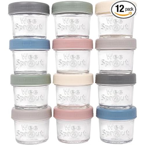 WeeSprout Glass Baby Food Storage Jars w/Lids (4 oz, 12 Pack Set) Snack, Puree, Reusable Small Containers, Breast Milk, Fridge or Freezer, Microwave & Dishwasher Safe, Essential Must Have for Infants