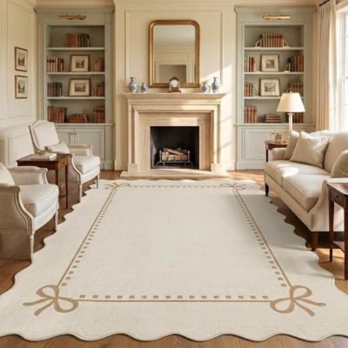 Garvee Scalloped Bow Rug for Living Room Washable Solid Beige 5x7 Area Rugs