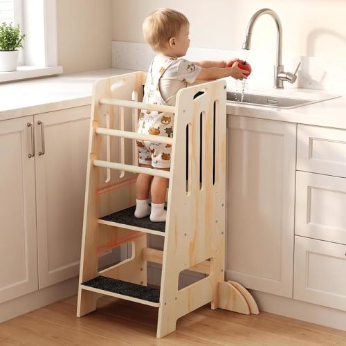 Toddler Tower Kitchen Helper Adjustable Height, Toddler Kitchen Stool with Blackboard, Super Stable Learning Tower with Safety Rails & Soft Non-Slip Pads, Wooden Kids Step Stool(Natural)