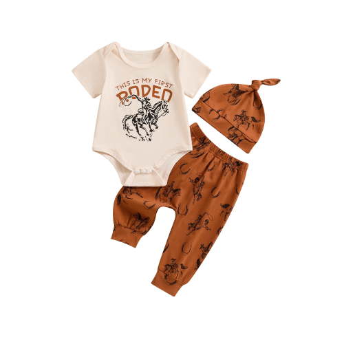 FEORJGP Toddler Baby Boy Western Outfits 0 3M 6M 12M 18M Infant Short Sleeves Rompers Cowboy Boy Print Jumpsuits and Elastic Pants Beanies Hat Set Kidual Cute Comfy 3 Piece Clothes for Daily