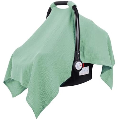 Muslin Car Seat Cover for Babies, 100% Cotton Breathable Infant Carseat Canopy for Summer, Lightweight Stroller Sunshade Covers for Newborns(Moss Green)