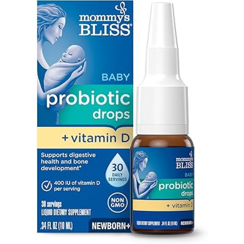 Mommy's Bliss Baby Probiotics + Vitamin D Drops, Supports Digestive Health & Immune Function*, 400IU Vitamin D , Supports Bone Development*, Newborns+, Flavorless, 0.34 Fl Oz (30 Servings)