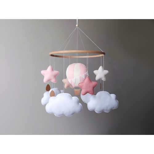 Baby mobile girl Hot air balloon baby girl nursery decor Crib musical cloud star mobile Travel theme nursery Newborn gift Hanging cot mobile