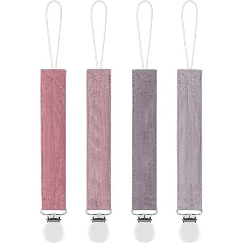 MoodyBaby® Soft Organic Muslin Cotton Frabric Soother Clips - Handmade Cotton Pacifier Dummy Clip Chain for Babies Newborns Girls Boys - Strong Mam Soother Neutral Unisex Shower Gift - 4 Pack (Pink Purple)