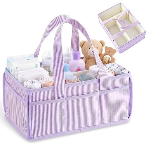 Baby Diaper Caddy, Stripe Diaper Caddy Storage Organizer, Stylish Large Tote Bag for Newborn Essentials Nursery Storage Boy or Girl, Gift for Baby Shower and Registry Must-Have(Purple)