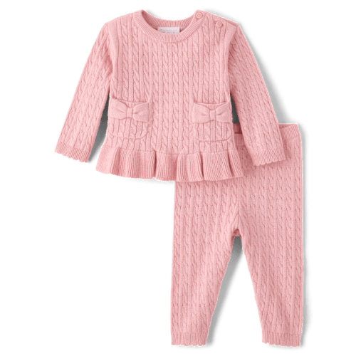 Baby Girls Bow Cable Knit Sweater 2-Piece Playwear Set - Pink