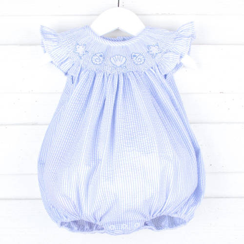 Seashell Treasure Blue Stripe Smocked Angel Sleeve Bubble