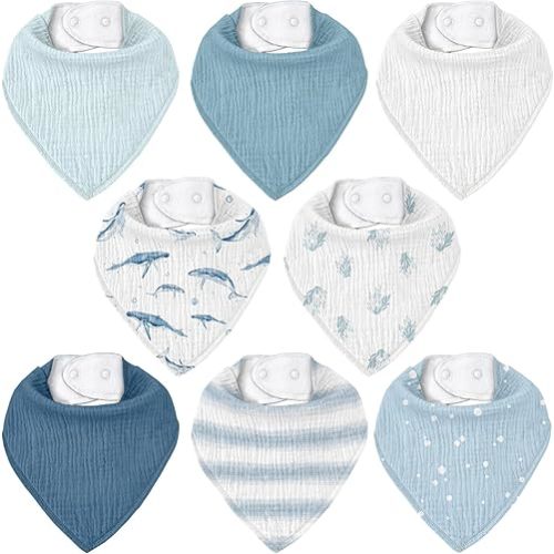 Muslin Baby Bibs 8 Pack, Baby Bandana Drool Bib for Drooling and Teething, Cotton Soft Absorbent for Girls Boys (Blue Ocean Whale)
