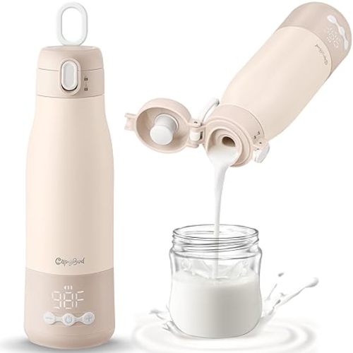 CapyBud Portable Bottle Warmer for Travel, 12 Oz Milk Warmer for Breastmilk Formula Water, Fast Heating & 5-Level Temperature Control, USB Rechargeable & Long Battery Life for Car Airplane On The Go