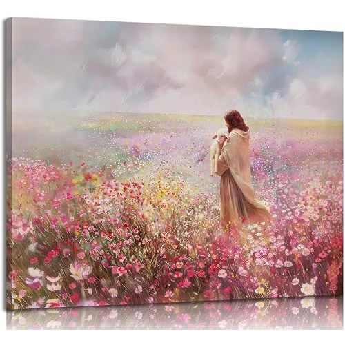 Jesus and Lamb Canvas Wall Art The Lost Lamb Parable Christian Painting Picture Wall Decor God Religious Belief Poster Print Artwork for Church Bedroom Living Room Home Decoration,16x12in Canvas