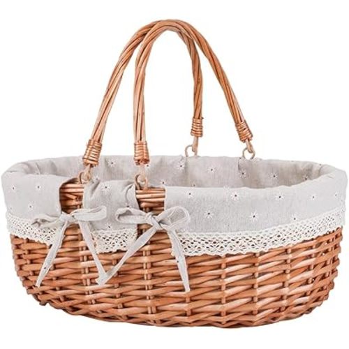 Large Wicker Picnic Basket with Handles,Handle Sturdy Woven Body with Removable and Washable Lining,Outdoor Camping,Gift Packing,Garden Picking, Storage.White Flower
