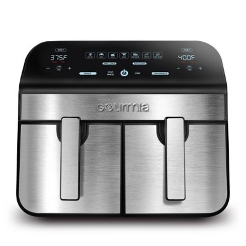 Gourmia 10-Qt. Dual Basket Digital Air Fryer with Smart Finish & Match Cook Black Stainless Steel: 1-Year Warranty, Dishwasher-Safe Parts