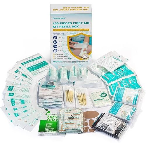 General Medi 160 Piece First Aid Kit Bag Refill Kit - Includes Instant Cold Pack, Bandages,Emergency Blanket, Moleskin Pad, Gauze - Extra Replacement Medical Supplies for First Aid