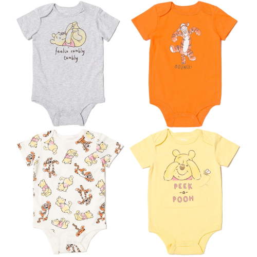 Disney Winnie the Pooh Tigger 4 Pack Cuddly Snap Bodysuits made with Organic Cotton Newborn to Infant