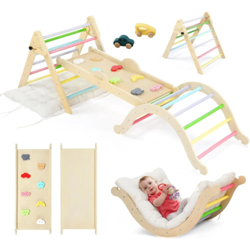 Joymor Montessori Pikler Triangle Set - Wooden Climbing Gym with Ramp for Toddlers 1-5 Years (Non-Toxic & Foldable)
