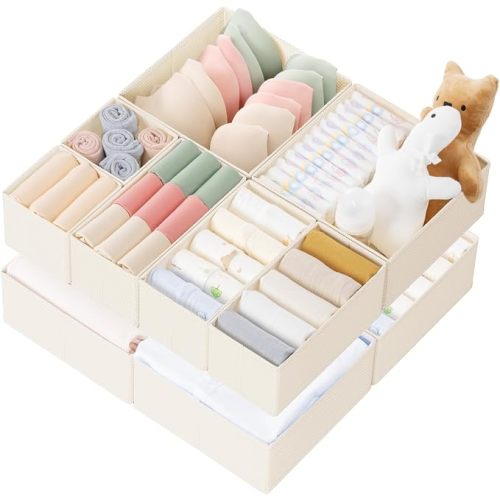 Drawer Organizer Clothes, 10 Pack Dresser Organizer for Baby Clothes, Underwear, Sock- Foldable Closet Organization and Storage Dividers Bins for Nursery, Bedroom (Beige)