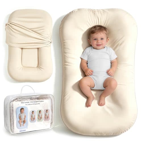 Infant Support Cushion, Baby Lounger for Newborn 0-24 Months | Portable Tummy Time Mat with Soft Cotton Cover for Home, Travel & Supervised, Essential Baby Gift (Cream)