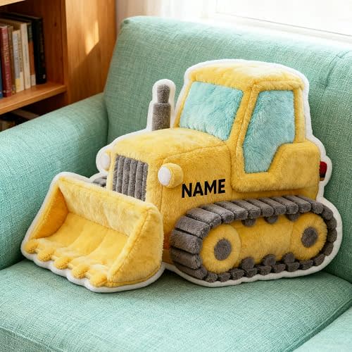 Custom Bulldozer Shaped Pillow Cute Personalized Name Plush Doll, Double-Sided Construction Engineering Vehicle Pillow for Men, Birthday Gifts for Men Sofa Decorative Pillows 8-32in