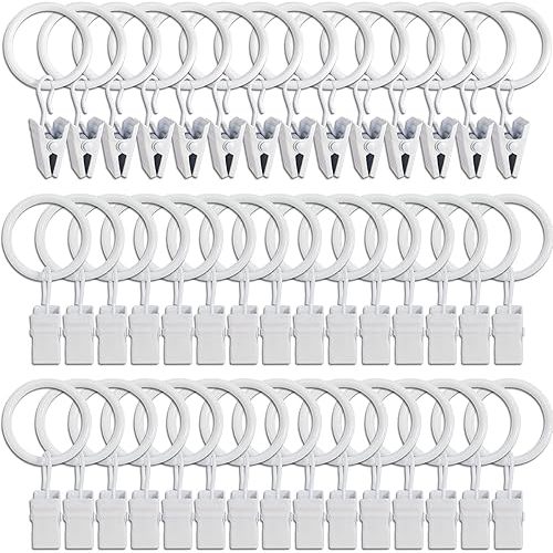 44 Pack Curtain Rings with Clips, Curtain Clip Rings Hooks, Bow Hanger Clips for Hanging Drapery Drapes Bows, Ring 1 inch Interior Diameter, Fits up to 5/8" Rod, White