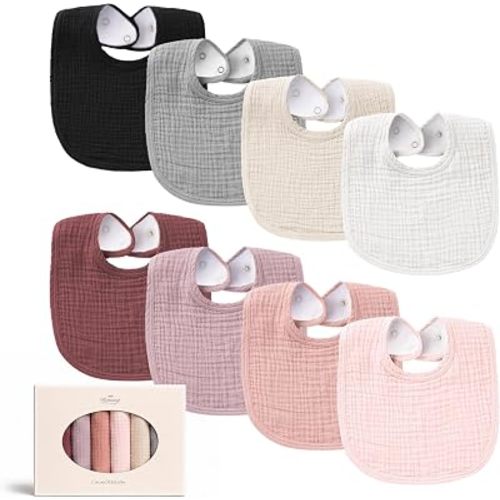 Konssy 8-Pack Muslin Baby Bibs, Adjustable Fit for Drooling and Teething