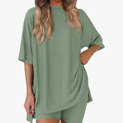 PRETTYGARDEN Women 2 Piece Lounge Set 2026 Summer Casual Oversized Shirts Biker Shorts Matching Airport Travel Outfit Clothes