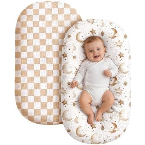 Replacement Baby Lounger Cover, 2 Pack Soft Muslin Slipcover for Newborn Nest, 23x33inch Lounger Protector with Envelope Closure, Fits Most Standard Loungers, Cover Only,Light Brown