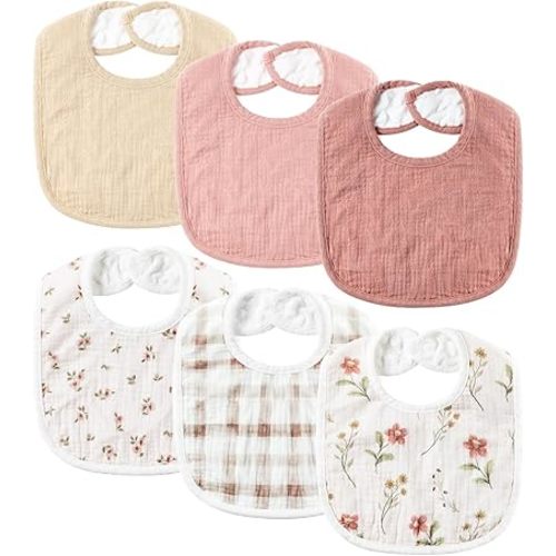 6-Pack Muslin Baby Bibs for Unisex Boys Girls, Cotton Baby Drool Bibs, Drooling and Teething Bibs for Infant