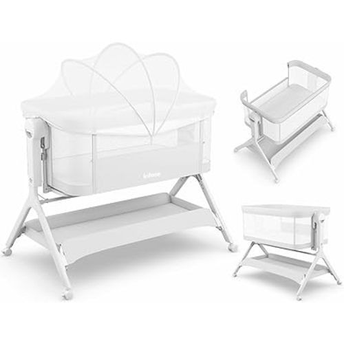 INFANS 5 in 1 Baby Bassinet, Upgraded Rocking Bedside Sleeper with Wheels, Storage Basket, Travel Bag, Mosquito Net, Height Adjustable, Portable All Mesh Crib for Newborn/Infant (Light Grey)