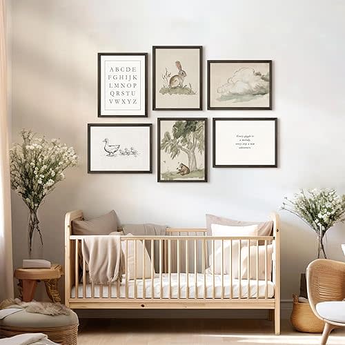 Vintage Nursery Wall Art Kids Canvas Prints Baby Boys Wall Decor Animal Pictures Bunny Poster Neutral Children Prints Duck Painting Woodland Bear Artwork for Farmhouse Bedroom 8x10x6 Inch Wood Framed