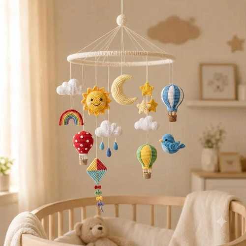 Rainbow Baby Mobile, Crochet Hot Air Balloon Crib Mobile, Sun Moon Cloud Nursery Decor, Colorful Sky Baby Mobile, Baby Shower Gift