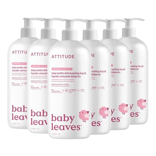 ATTITUDE Baby Bottle & Dish Soap, EWG Verified Bottle Cleaner, Fragrance Free & Dye Free, Removes Milk Residue & Grease, Vegan, Unscented, 33.8 Fl Oz (Pack of 6)