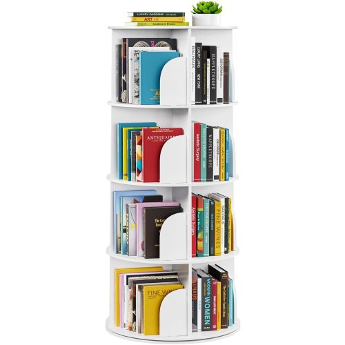 SpaceAid 4 Tier Rotating Bookshelf Tower, Spinning Bookcase Lazy Susan, Revolving 360 Book Shelf Storage Round Carousel, Vertical Rotate Turning Spiral Corner Organizer, White