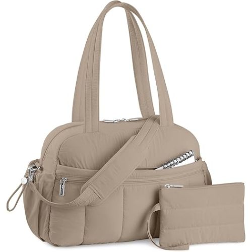 TOPDesign Travel Duffel Bag for Women, Puffer Gym Bag Sports Tote with Wet Pocket, Carry On Weekender with Luggage Sleeve (Camel)