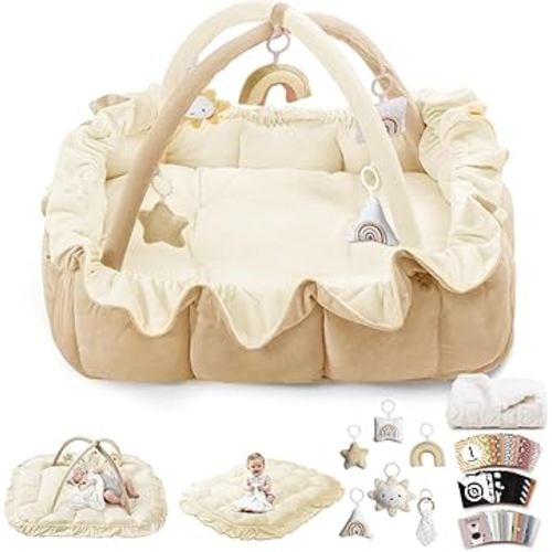 5-in-1 Convertible Baby Play Gym, Baby Play Mats for Floor, Tummy Time Mat with Blanket and 6 Sensory Toys, Baby Activity Center from Newborn to Toddler, Ball Pit, Plush Pet Mat(Cream)