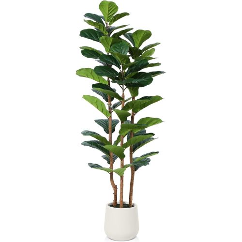 Artificial Fiddle Leaf Fig Tree with White Planter,5ft Tall Fake Tree with Natural Wood Trunk for Home Decor, Faux Ficus Tree Fake Moss for Indoor Office Living Room
