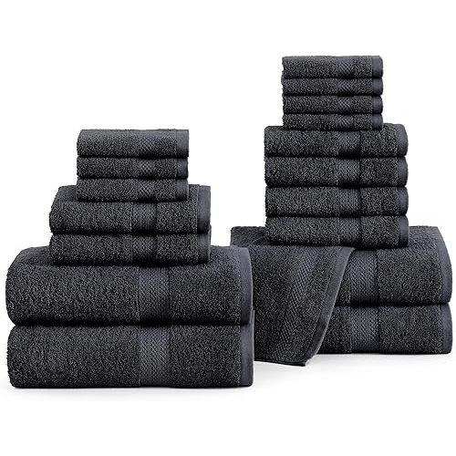 LANE LINEN 100% Cotton Black Towel Set for Bathroom - 18 Piece - Super Soft, Hotel Quality - 4 Bath, 8 Wash Cloths, 6 Hand Towels for Bathroom - Classic, Gentle on Skin, Ideal for Spa & Daily Use