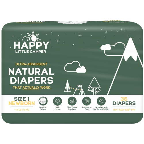 Happy Little Camper Ultra-Absorbent Natural Baby Diapers Size 1 - Hypoallergenic & Chlorine-Free Disposable Diapers Safe for Sensitive Skin - Unscented Newborn Diapers - 36 Count