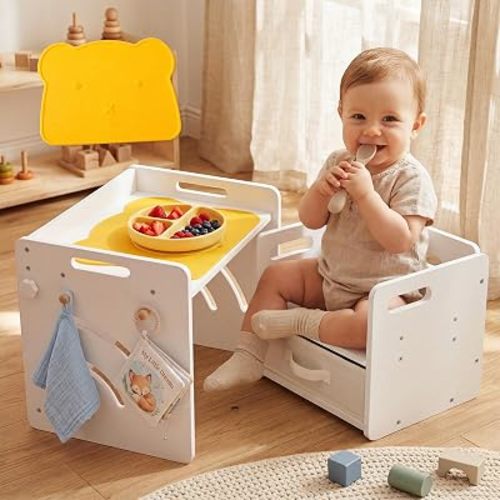Montessori - Juego de mesa y silla para niños con caja de almacenamiento y tapete de mesa, mesa de destete ajustable para niños pequeños, muebles de madera para niños de 1 a 3 años, incluye mantel