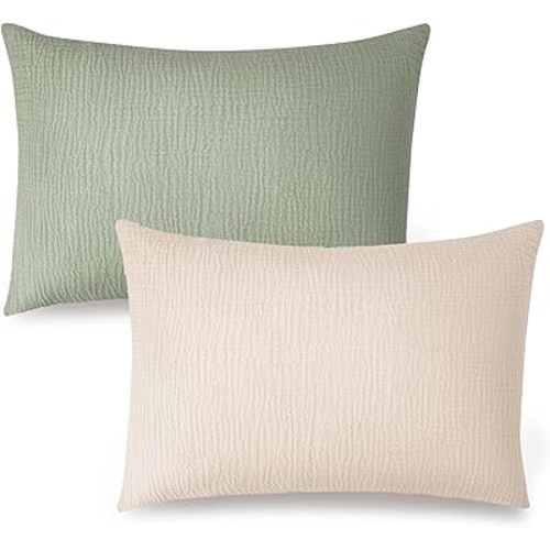 Konssy Muslin Toddler Pillowcase for 13x18 Pillow 2 Pack, 100% Cotton Toddler Pillow Case Cover, Soft & Breathable Travel Babay Kids Pillow Covers with Envelope Closure（Cream,Fog Green）