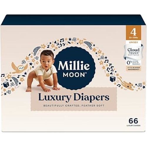 Millie Moon Luxury Disposable Baby Diapers Size 4 I 66 Count I, Ultra Soft Comfort, Absorbent Core for Day & Night Use, Wetness Indicator, Gentle Materials, Secure Fit