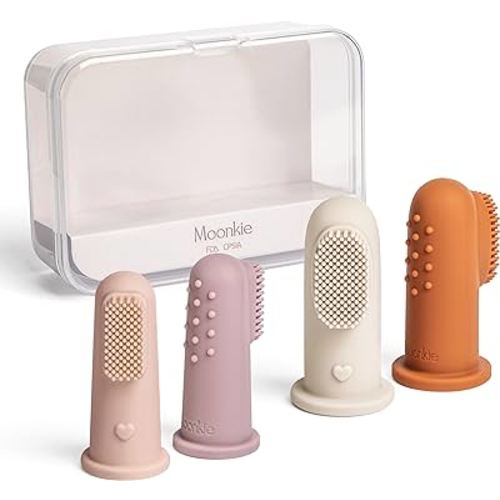 Moonkie Baby Toothbrush Finger Toothbrush Oral Cleaner Kit for 3 Months +, 4 Pcs Small (Blush/Pale Mauve)/Large (Clay/Ivory)