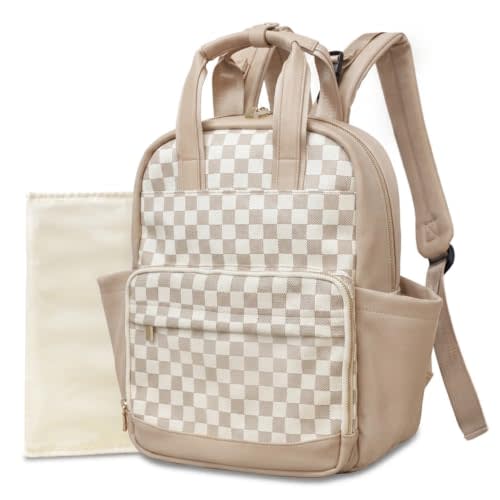 miss fong Small Diaper Bag - Baby Diaper Bag Backpack Checkered Diaper Bag with Changing Pad Baby Backpack for Travel Daycare Mommy Diaper Backpack Pañaleras Para Bebe for Mom & Dad-White&Beige