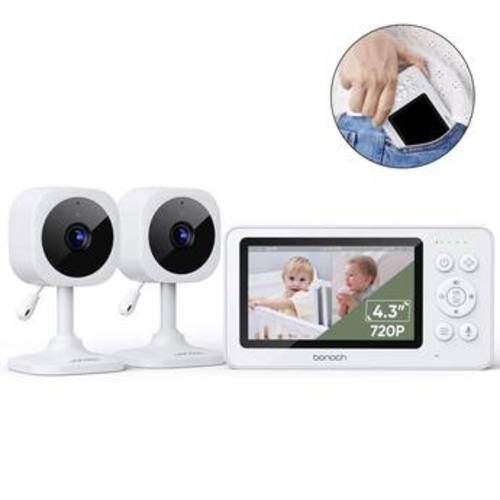 bonoch - 4.3" Baby Monitor with 2 720p Video LCD Display Cameras with 23Hour Battery, VOX Mode, 2-Way Audio, Night Vision - White