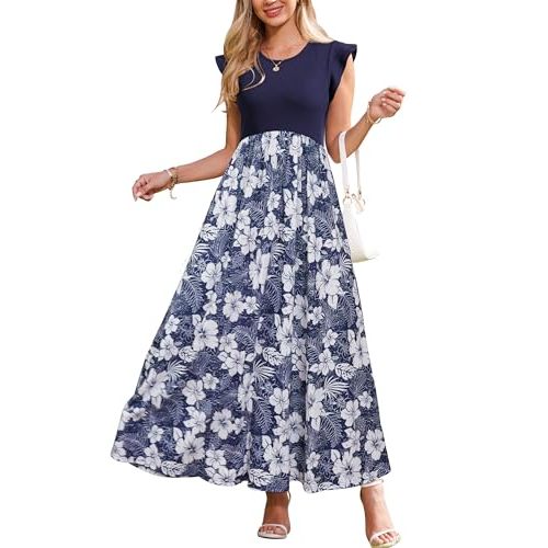 OUGES Women's Maternity Dress Summer Ruffle Sleeve Patchwork Casual Flowy Maxi Dresses with Pockets