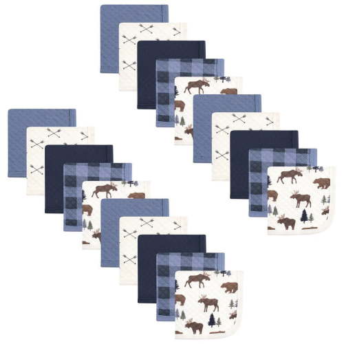 Hudson Baby Infant Boy 20Pc Quilted Cotton Washcloths, Moose Bear, One Size
