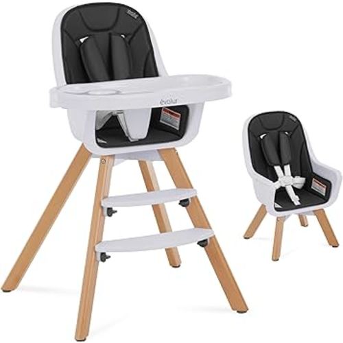 évolur Zoodle 3-in-1 High Chair in Black | Convertible Wooden Baby Feeding Chair with Dishwasher Safe Removable Tray, Adjustable Footrest, Padded Cushion, 5-Point Harness for Infants & Toddlers